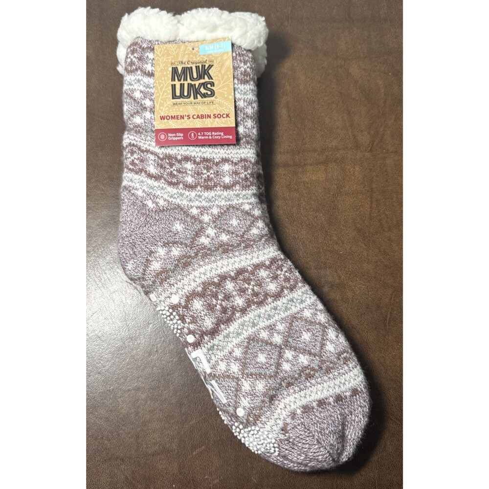 Muk Luks Sherpa Lined Cabin Socks Gripper Bottom Purple & Brown Sz S/M 5-7